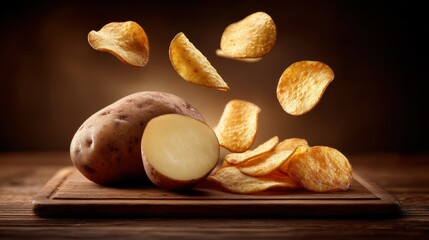 Russet potato on wooden cutting board  fresh produce image