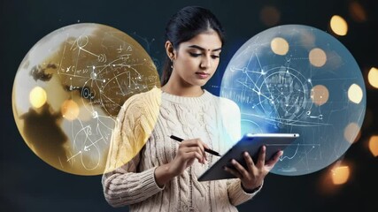 Young woman engaging with digital technology and data visualization - Powered by Adobe