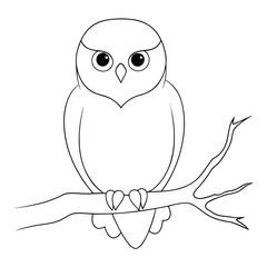 Line Art Illustration Of A Cute Owl Perched On A Branch on a white background.