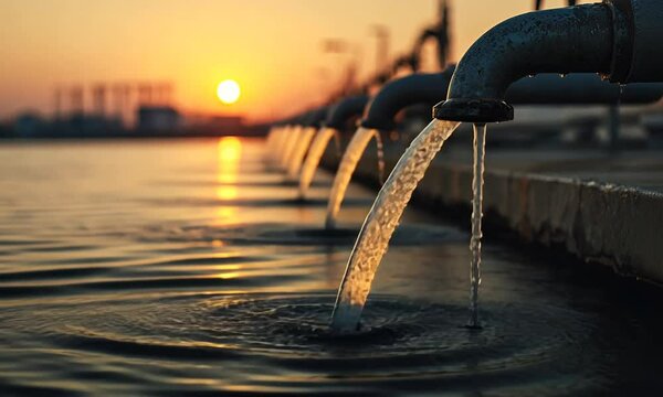 A row of pipes dispenses water into a body. Sunset casts an orange glow on the scene. Buildings blur in the distance