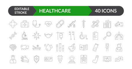 Healthcare Line Icons Vector Set, Editable Stroke Medical Icon Pack, Clinic, Hospital, Treatment, Diagnosis Symbols