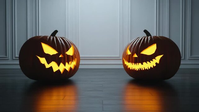 Halloween background. Two carved jack-o'-lantern pumpkins with glowing faces sit on a dark wooden floor in a minimal, elegant room.