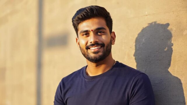 Smiling young South Asian man with short black hair and dimples stands against a wall. He wears a blue t-shirt and has a cheerful expression..