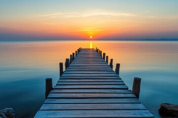 Serene wooden pier extending into a tranquil lake at sunrise