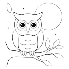 Fototapeta premium Owl On A Branch With Moon And Stars Coloring Page Illustration.
