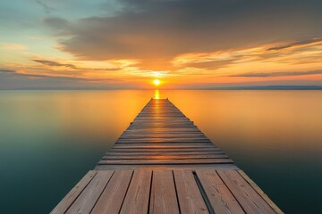 Obraz premium Tranquil wooden pier extends into a serene sunset over a lake