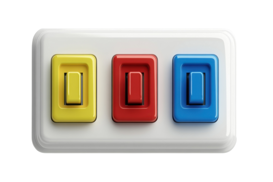 A playful array of primary colored light switches beckons symbolizing choice control and a on transparent background