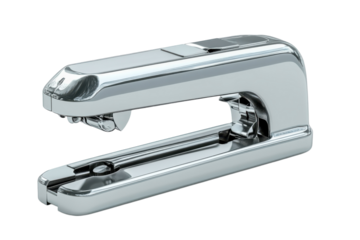 A modern sleek silver stapler stands ready to bind documents symbolizing office efficiency and on transparent background