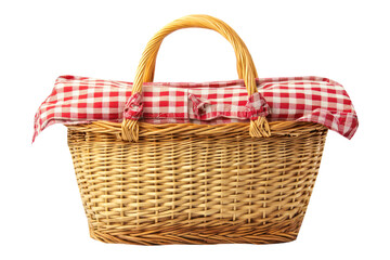 Traditional wicker picnic basket with red and white gingham cloth isolated on transparent background