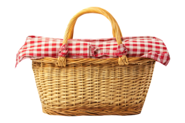 Traditional wicker picnic basket with red and white gingham cloth isolated on transparent background