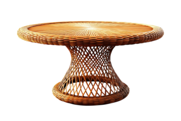 A meticulously crafted wicker table radiating rustic charm and evoking memories of serene on transparent background