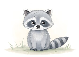 Obraz premium Cute grey raccoon on grass watercolor illustration 