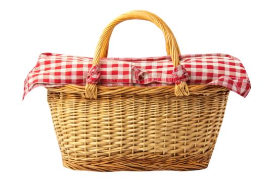 Traditional wicker picnic basket with red and white gingham cloth isolated on transparent background - Powered by Adobe