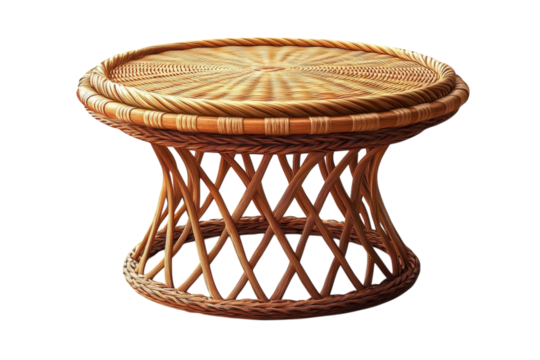 A handwoven rattan side table evoking cozy coastal vibes and bohemian charm handcrafted with on transparent background