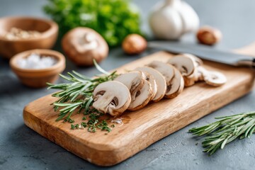 Freshly sliced mushrooms arranged on a wooden cutting board with herbs and garlic in the background, showcasing culinary preparation and vibrant kitchen atmosphere