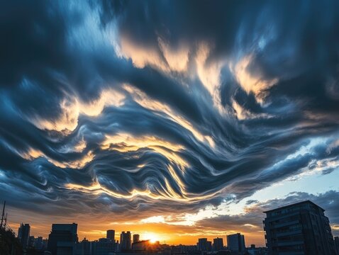 Sunset drama, swirling clouds over city