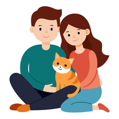 Happy couple sitting together with their cute orange tabby cat