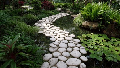 Close-up of perfectly arranged white round stones in the shape of a stepping path leading to water, surrounded by lush greenery and plants in a serene garden setting