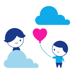 Two cute cartoon children sharing a pink heart balloon amongst blue clouds