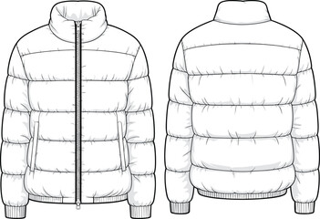 Puffer jacket flat sketch – technical vector of quilted winter coat with zip front, elastic cuffs, and high collar, front and back view