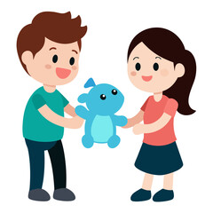 Boy and girl sharing a blue stuffed animal toy together