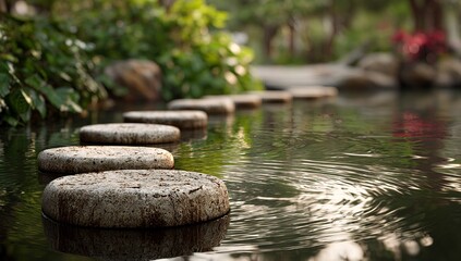 Close-up of perfectly arranged white round stones in the shape of a stepping path leading to water, surrounded by lush greenery and plants in a serene garden setting