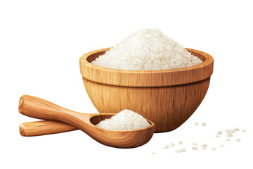 A generous wooden bowl overflowing with glistening sea salt beside a rustic spoon brimming on transparent background