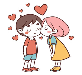 Cute cartoon girl giving a sweet kiss to a boy surrounded by hearts