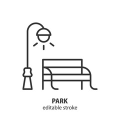 City park line icon. Bench and street lamp vector illustration. Editable stroke.