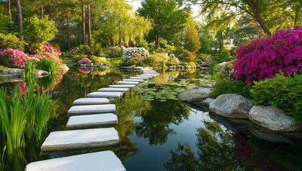 Close-up of perfectly arranged white round stones in the shape of a stepping path leading to water, surrounded by lush greenery and plants in a serene garden setting