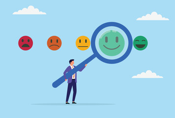 Vector illustration of a businessman analyzing customer feedback through a large magnifying glass, symbolizing thorough review and focus on enhancing customer experience
