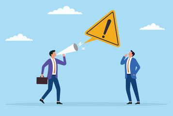 Vector illustration of a businessman urgently announcing a warning through a megaphone while another businessman listens with concern, highlighting critical communication and alertness
