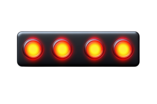 A futuristic console glows intensely with four radiant lights symbolizing warning signals and on transparent background