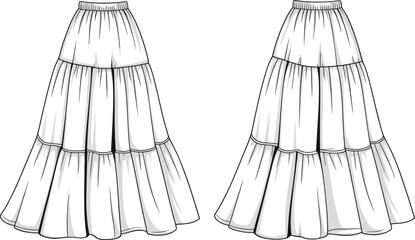 Tiered maxi skirt flat sketch, bohemian long skirt fashion template, layered silhouette vector drawing, gathered waist technical apparel illustration