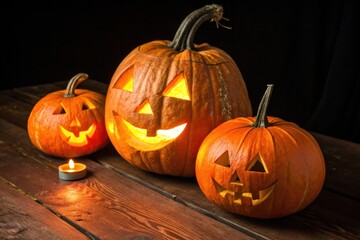 Three glowing jack o lanterns on a wooden surface with a candle