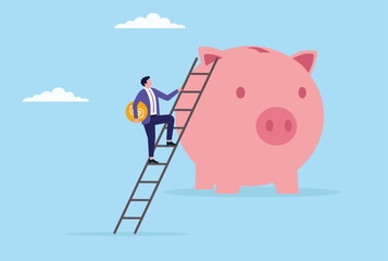 Vector illustration of a businessman climbing a ladder to a piggy bank, symbolizing financial growth, saving efforts, investment goals, and the pursuit of economic success
