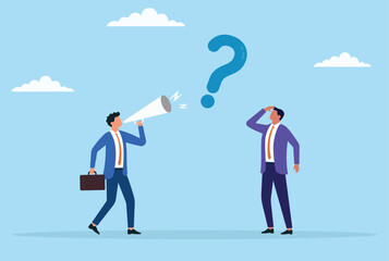 Vector illustration of a businessman announcing a problem through a megaphone while another businessman tries to find a solution, symbolizing effective communication and problem solving
