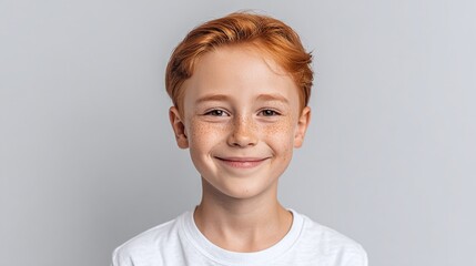 Portrait of a smiling young boy with red hair and freckles looking directly at the camera. He is wearing a white shirt, against a simple background.