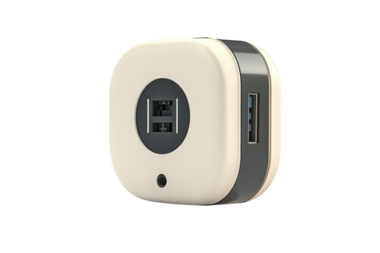 A compact and modern USB charging hub promising a seamless power experience with a simple off on transparent background - Powered by Adobe