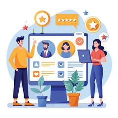 People evaluating profiles with stars and checkmarks