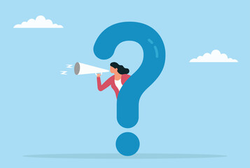 Vector illustration of a businesswoman announcing a problem through a megaphone from behind a large question mark, symbolizing communication amid uncertainty and the search for solutions
