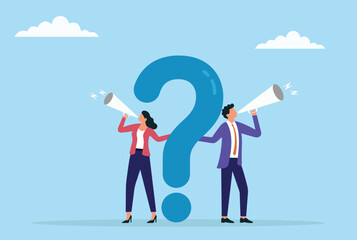 Vector illustration of two businesspeople announcing a problem through a megaphone near a giant question mark, highlighting urgent communication and seeking solutions to uncertainty
