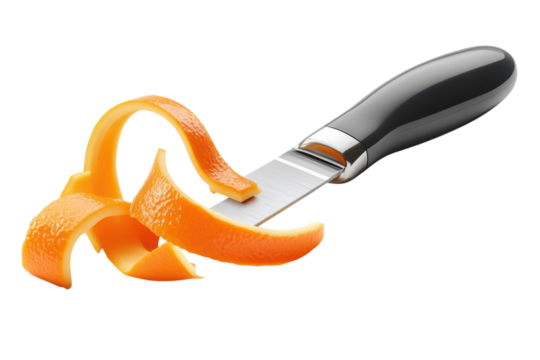 A chef expertly peeling a vibrant orange creating delicate curls of zest for a gourmet dessert on transparent background