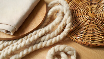 Knitted cotton rope on a textured brown wooden background with spa-inspired elements like a white towel and natural flower for relaxation and wellness