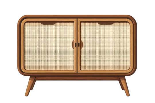 A charming wooden cabinet with rattan doors perfect for adding a touch of natural elegance to on transparent background