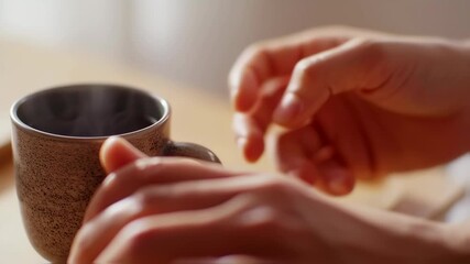 Morning ritual: hands gently grasping a steaming mug of hot beverage in soft light - Powered by Adobe