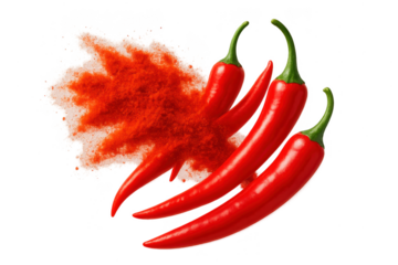 Red chili peppers and paprika powder splash isolated on transparent background