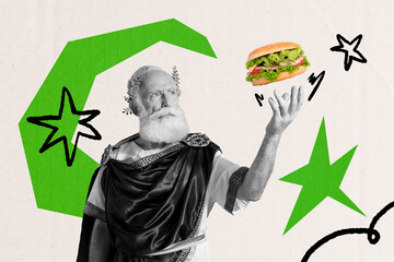 Composite zine pop trend collage of serious old man greek lord show american cheeseburger fast food...