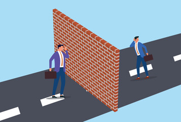 Vector illustration of a businessman standing near a wall and shouting, while another businessman listens from the other side, representing communication across a barrier or divide
