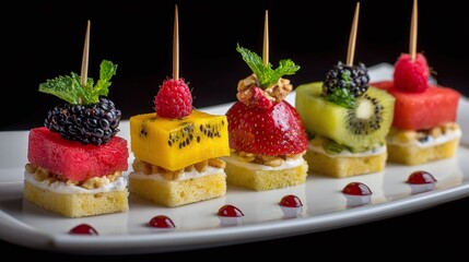 Elegant fruit skewers: watermelon, kiwi, mango, strawberry, blackberry, raspberry on cake squares. Delicious appetizer for parties & catering events